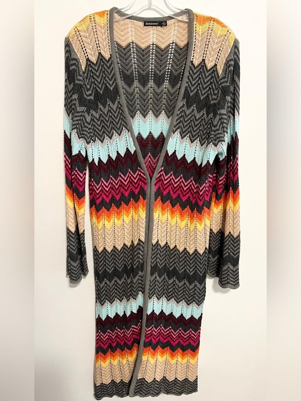 Solutions Boho Multicolor Zig Zag Knit Long Line Duster Cardigan. Size XL